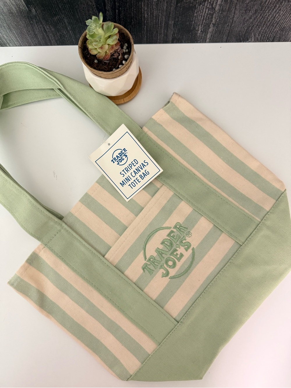 TRADER JOE’S Green Striped Mini Canvas Tote Bag